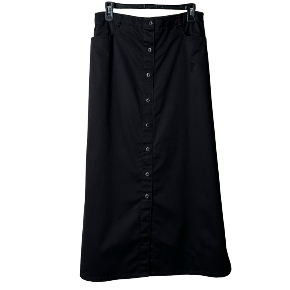 Karen Scott Sport Size 12 Maxi Skirt Button Front Modest Black Longline